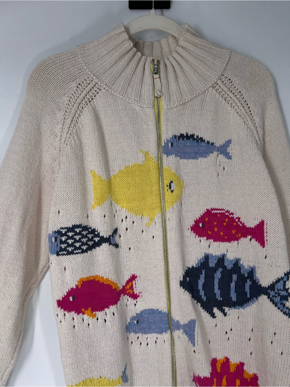 Pilcro Cream Full Zip Colorful Fish Motif Cotton Nautical Lake Cardigan Sweater - Picture 3 of 7